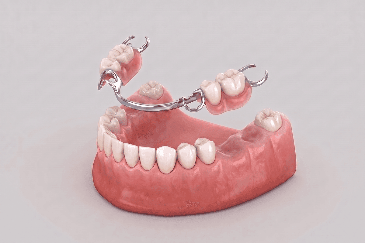 Educational illustration showing a removable partial denture with a metal clasp framework